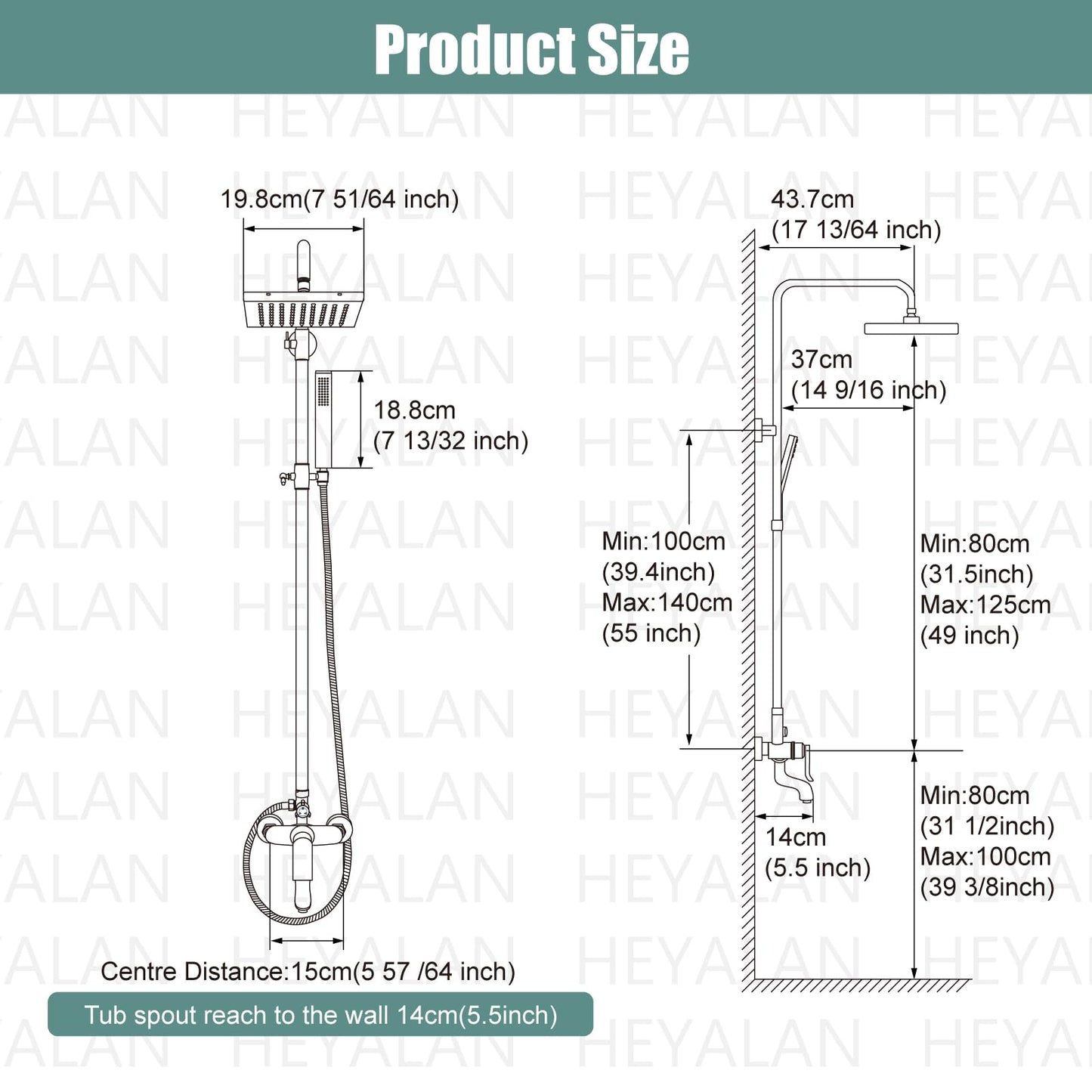 Heyalan Matte Black Rain Shower System Set,Exposed Shower System 3 Functions Bathroom Shower Faucet 8 Inch Swivel Rainfall Shower Head Handheld Complete Set Tub Spout Wall Mount
