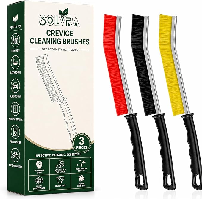 Crevice Cleaning Brush Set â 3Pcs Hard Bristle Cleaning Tools in Red, Black & Yellow for Grout, Tile Floors, Gaps & Narrow Spaces â Small Grout Scrub Brush for Bathroom, Shower, Window Tracks, Kitchen
