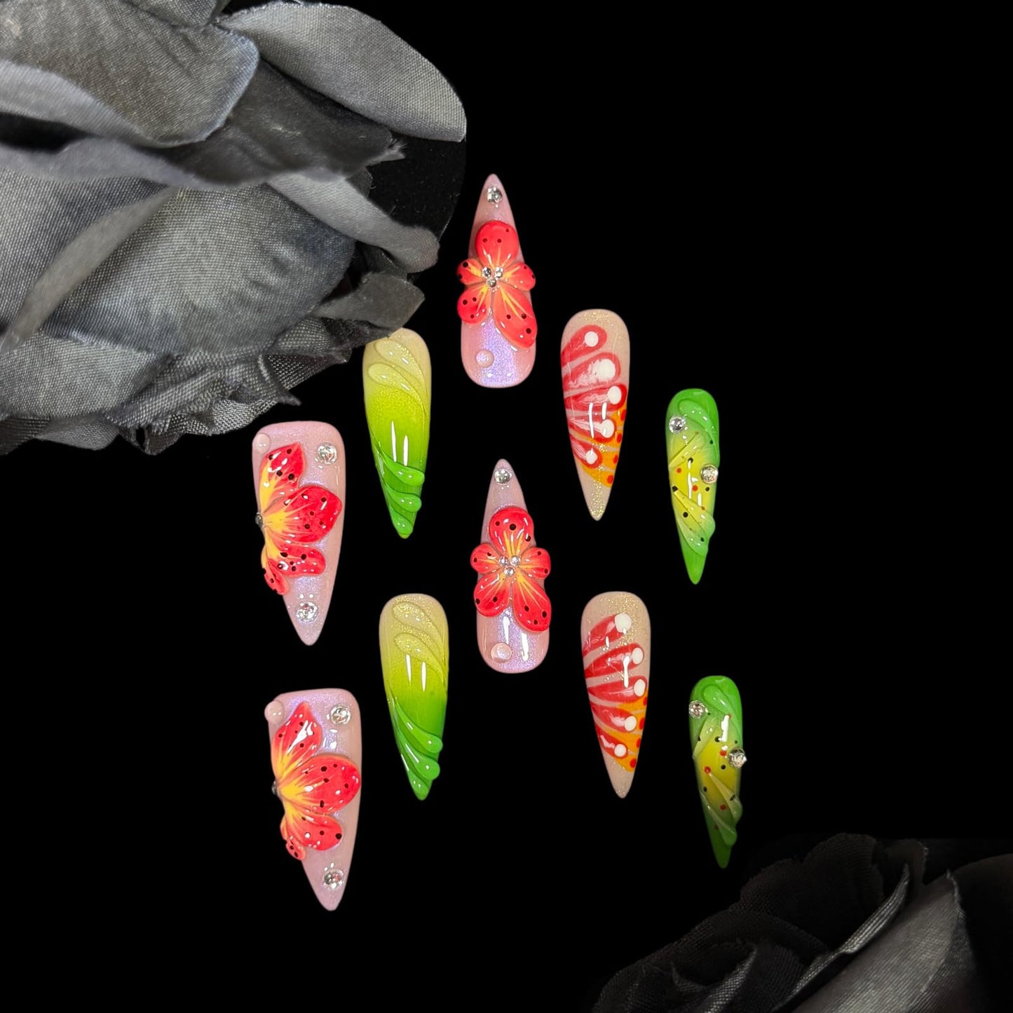 Handmade Press On Nails, Stiletto Shape, 3D Floral Botanical Muse Art, Vibrant Multi-Color Design, Thick Acrylic Fake Nails Set Tropical (M)