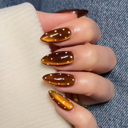 Brown Cat Eye Press on Nails - Medium Almond Fake Nails with Polka Dot Designs False Nails Glossy Glue on Nails Reusable Full Cover Stick on Nails for Women Manicure 24Pcs