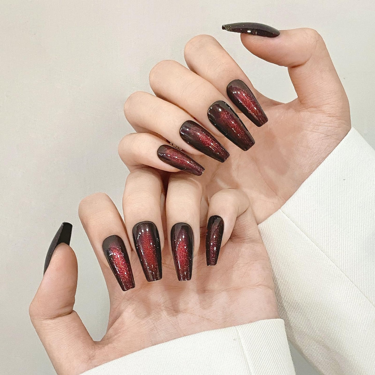 Cat Eyes Press On Nails,12 Sizes - 24 Pcs Soft Gel Dark Red Brown Medium Coffin Fake Nails Kit with Nail Glue, Natural Reusable Stick On False Nails for Women and Girls (Skycloud Nails) SK0825