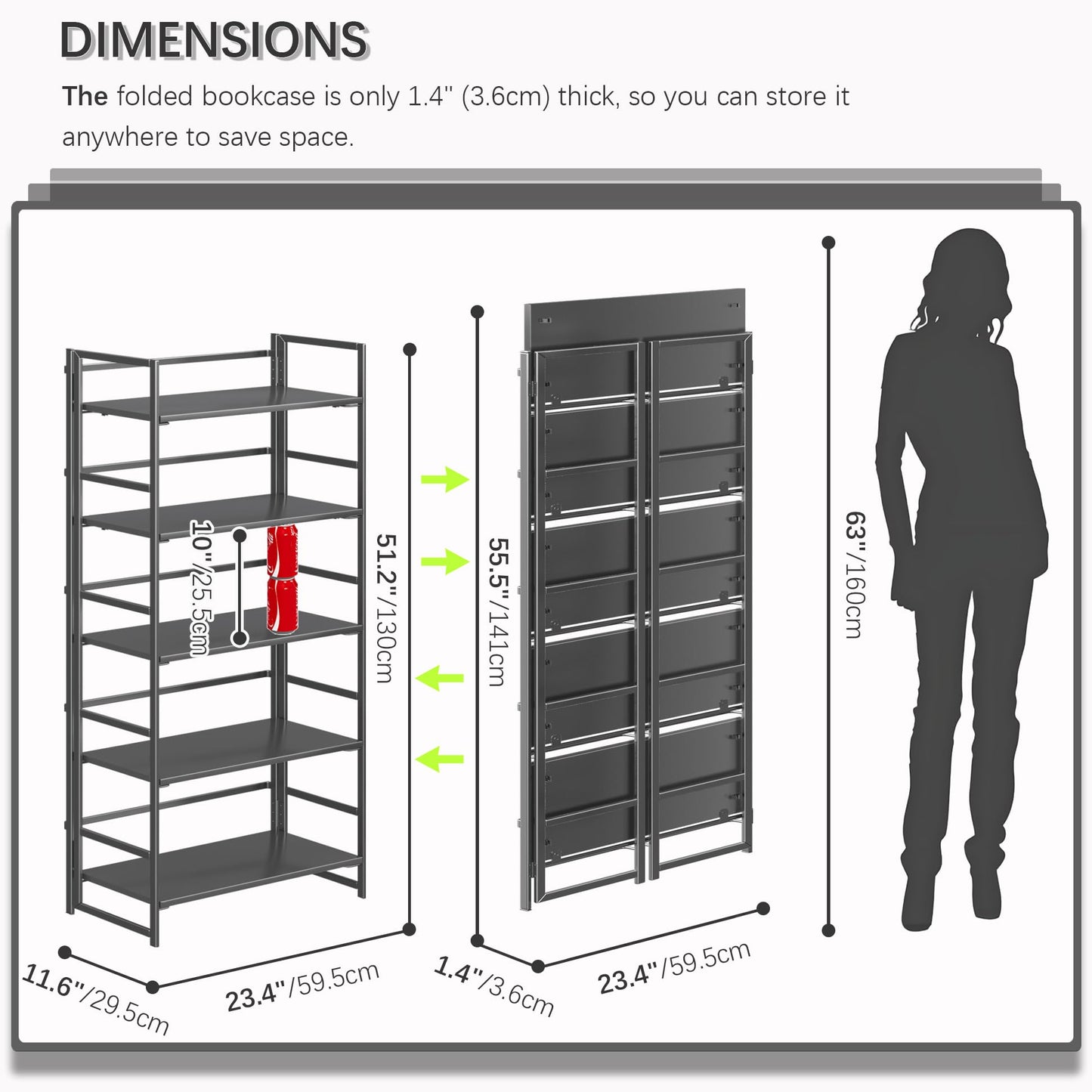 4NM No Assembly 5 Tiers Collapsible Book Shelves, 51.2" H Folding Bookshelf Bookcase Open Industrial Foldable Shelves for Bedroom, Living Room, Home Office - All Black