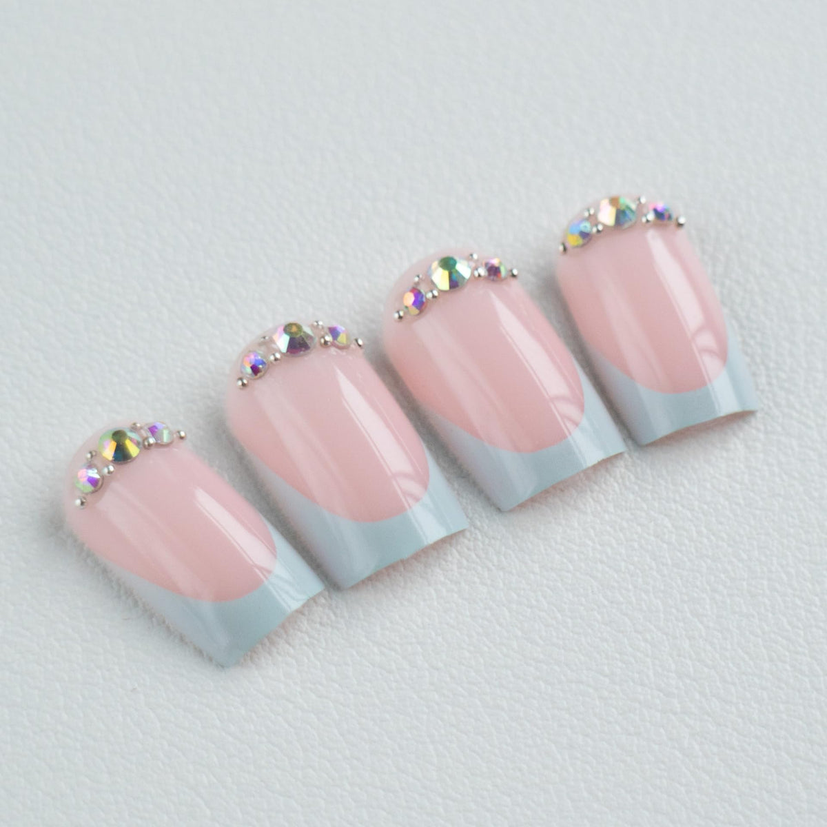 Medium Press On Nails Square Fake Nails French Tip False Nails With Rhinestone Design Full Cover Artificial Acrylic Nude Glue On Nail Glossy Stick On Nail For Women 24pcs