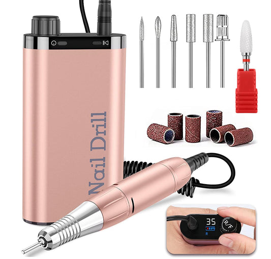 Electric Nail Drill Machine Portable Rechargeable 35000RPM Nail Drill for Acrylic Gel Nails, Manicure Pedicure Polishing Shape Tools for Home and Salon Use,Grey (Rose Gold)