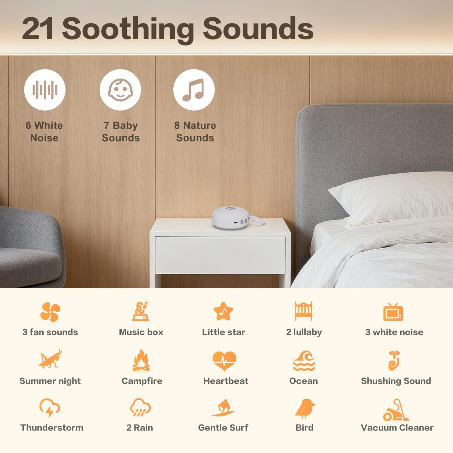 Portable Sound Noise Machine for Baby Kids Adult with 21 Natural Soothing Sounds, Memory Function, 32 Levels of Volume, Powerful Battery, Noise Canceling, Sleep Sound Timer Therapy for Home, Travel