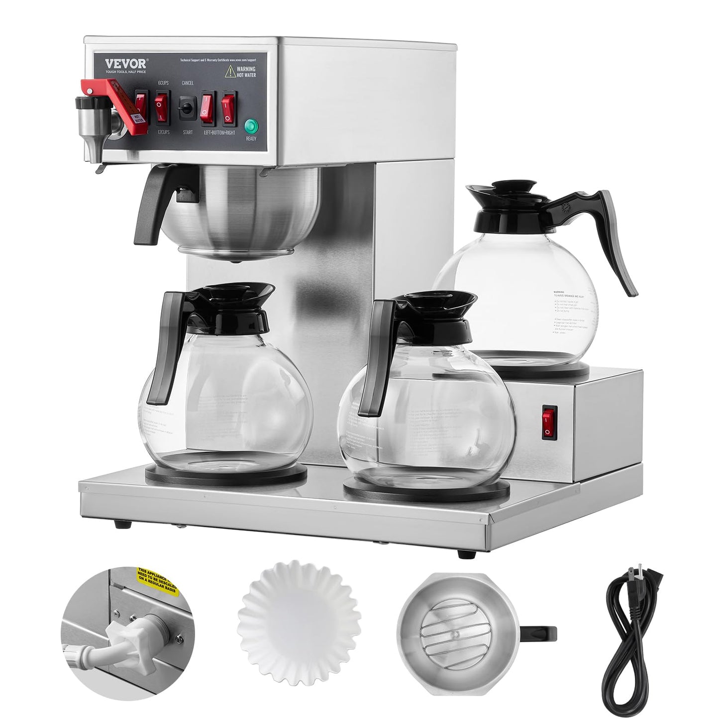 VEVOR 12 Cups Commercial Drip Coffee Maker, Coffee Maker Machine with 3 Glass Carafes and 3 Warmer Plates, Stainless Steel Pour Over Coffee Brewer with Auto Water Intake, for Restaurant Office Cafe