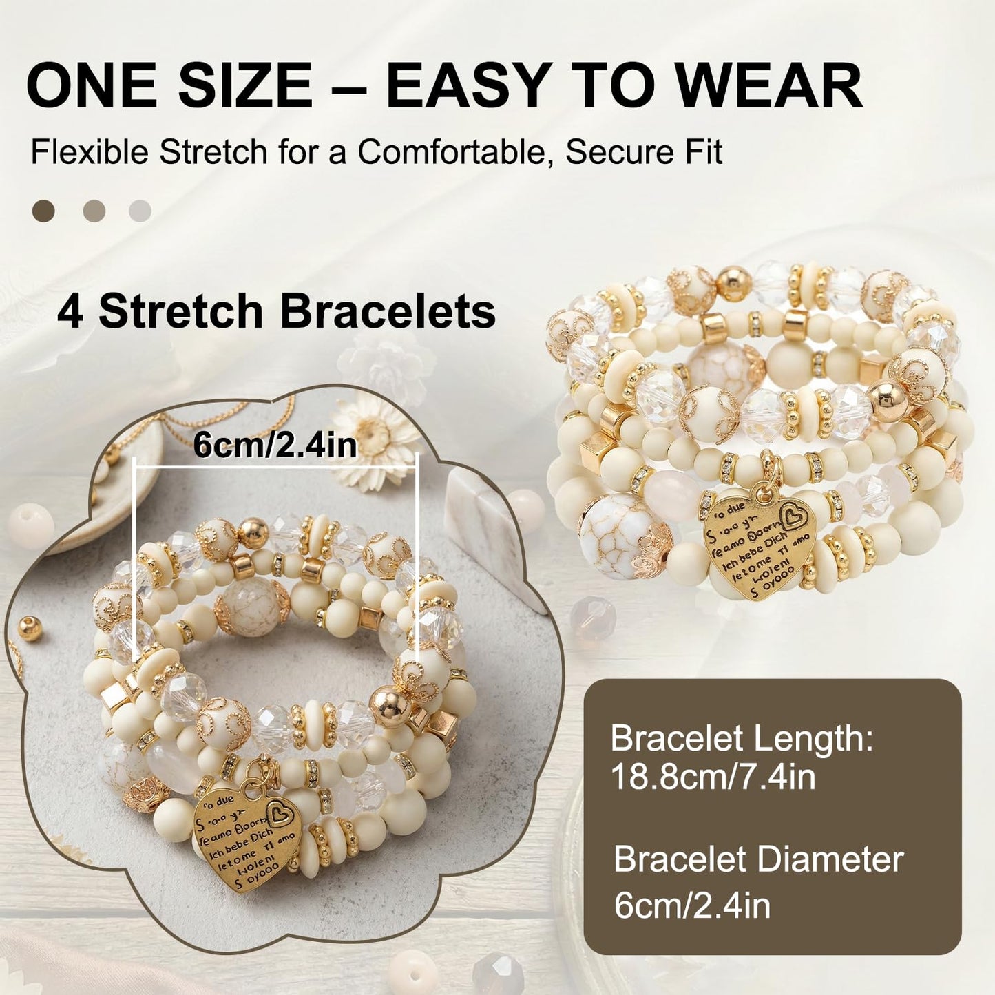 Ysenchan Bohemian Bracelet Set for Women, 4 Pcs Beaded Stackable Bracelets with Heart Charm, Stretch Bracelets, Boho Jewelry Gift – [White]