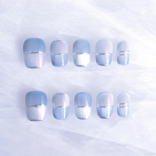 Aurora Blue Cat Eye Press on Nails, Short Square, Chrome Patchwork Design, Handmade Fake Nails for Women, 10 Pieces (XS Size, SS)