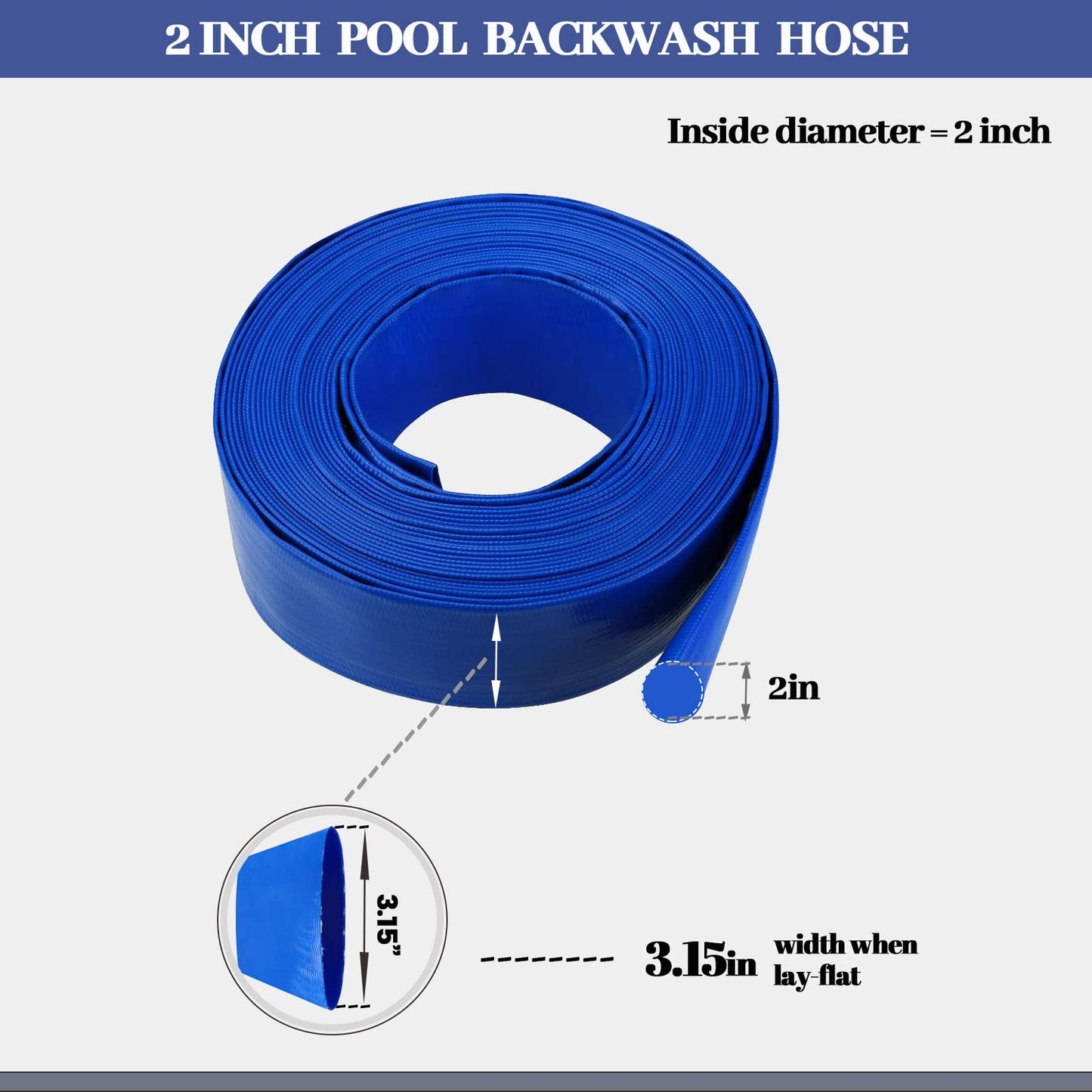 Eastrans 2" x 25 FT Pool Backwash Hose, Heavy Duty Flat Discharge Hose, Weather and Burst Resistant, Best Hoses for Inground Pools, Pool Filter & Pool Drain Hose with 2 Hose Clamps