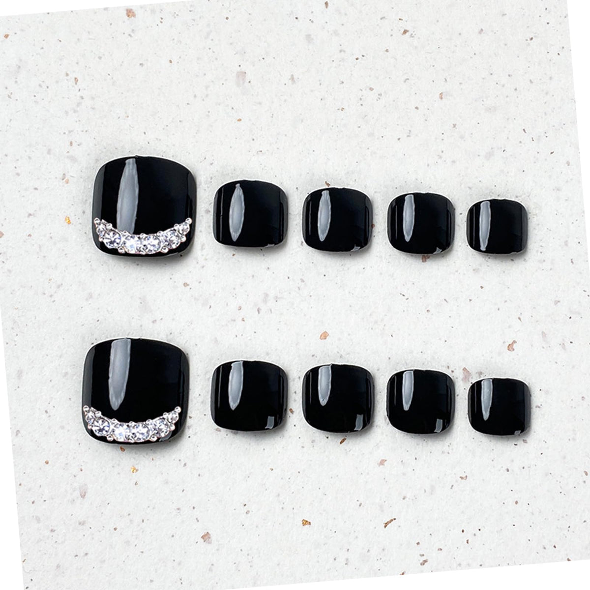 Black Press On Toenails Short Square Glossy Solid Black with Rhinestone Design Full Cover Acrylic Toe Nail for Women Girls Manicure 24 pcs