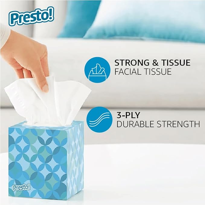 Amazon Brand - Presto! Ultra-Soft 3-Ply Premium Facial Tissues,792 Total Count,Packaging May Vary,66 Count (Pack of 12)