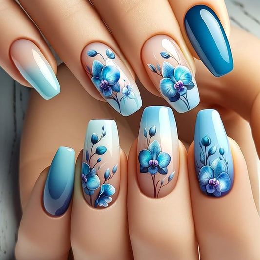 LOPMNGHT 24Pcs Blue Flower Press on Nails Medium Ballet Shaped Blue Gradient Acrylic False Nail Artificial Floral Stick on Nail Press Ons with Blossom Design Glossy Reusable Glue on Nails for Women