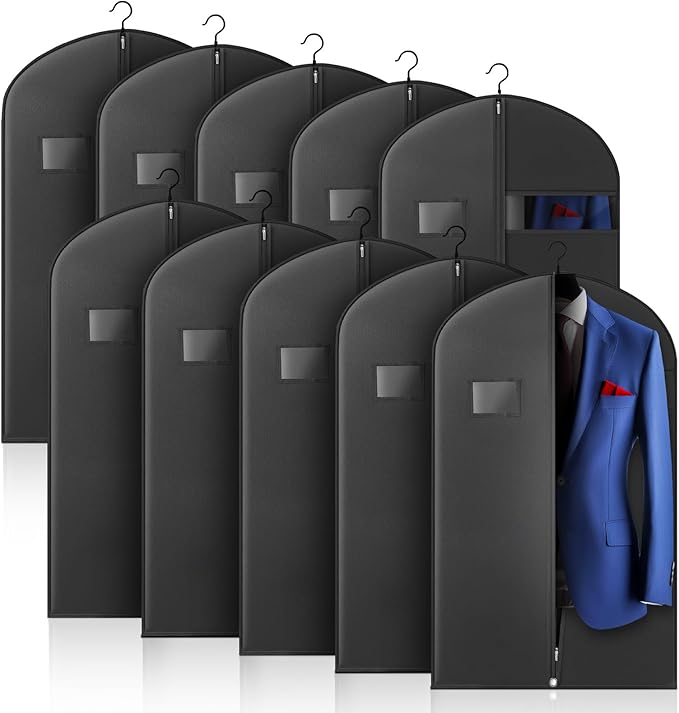 10 Pack 40-inch Garment Bags for Travel, Garment Bags for Hanging Clothes with Zipper and Visible Transparent Windowï¼Black