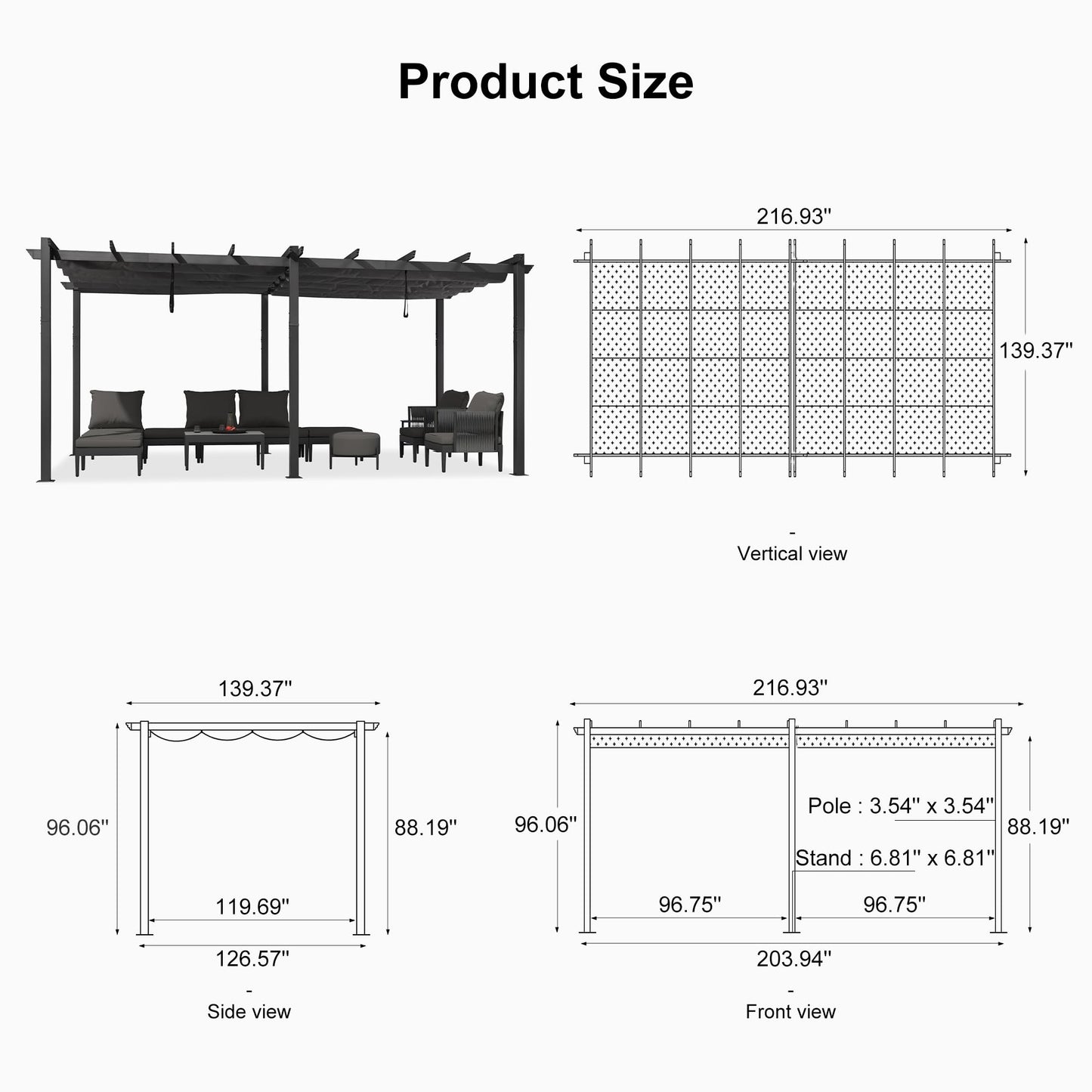 PURPLE LEAF 12' X 18' Outdoor Pergola with Retractable Canopy Aluminum Shelter for Porch Garden Sun Shade Beach Pavilion Grape Trellis Grill Gazebo Modern Backyard Deck Metal Patio Pergola Gray