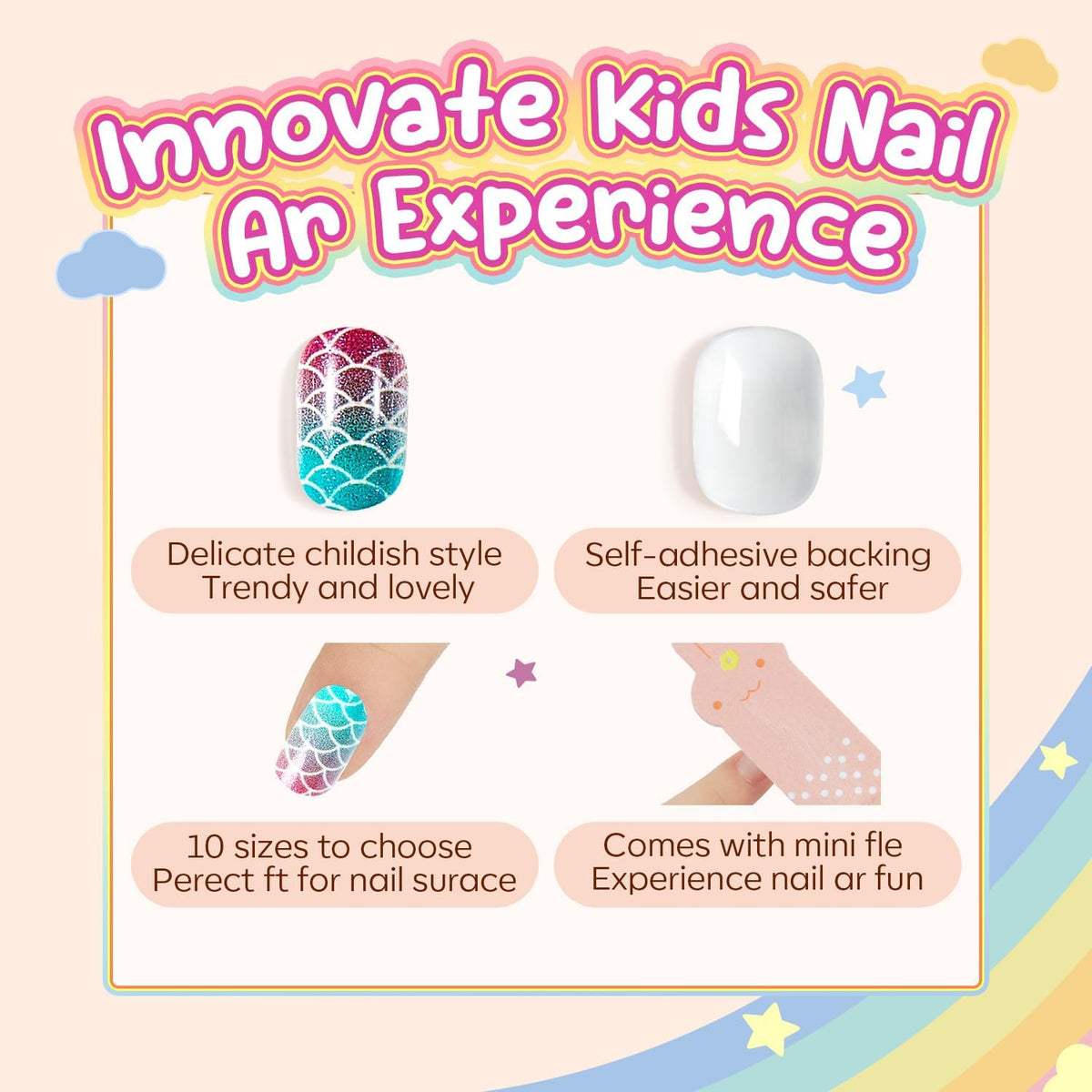 Modelones Press on Nails for Kids 144Pcs 6 Pack Children Acrylic Fake Nails Pre-glue Full Cover Glitter Gradient Color Cloud Heart Short False Nail Art Kits Sets Christmas Gifts for Kids Girls