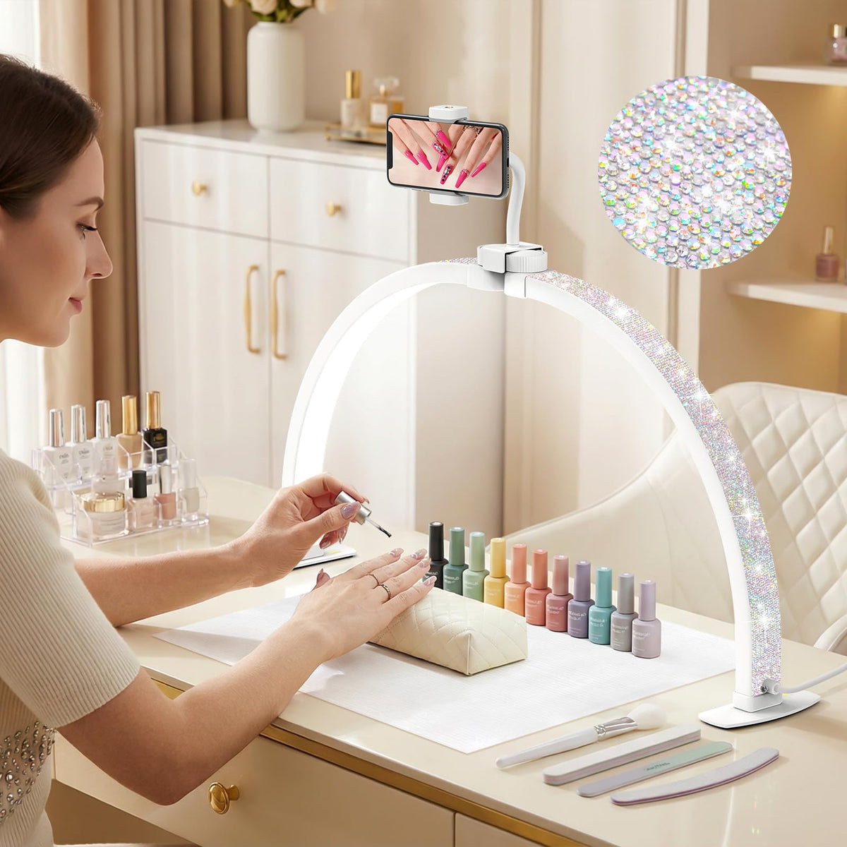 LIONVISON Half Moon Light for Desk: 29" Foldable Nail Light for Desk with Phone Holder - 3000K-6500K 3 Color Modes 10 Brightness for Salon Nail Technicians & Home DIY Manicure Enthusiasts (Diamond)