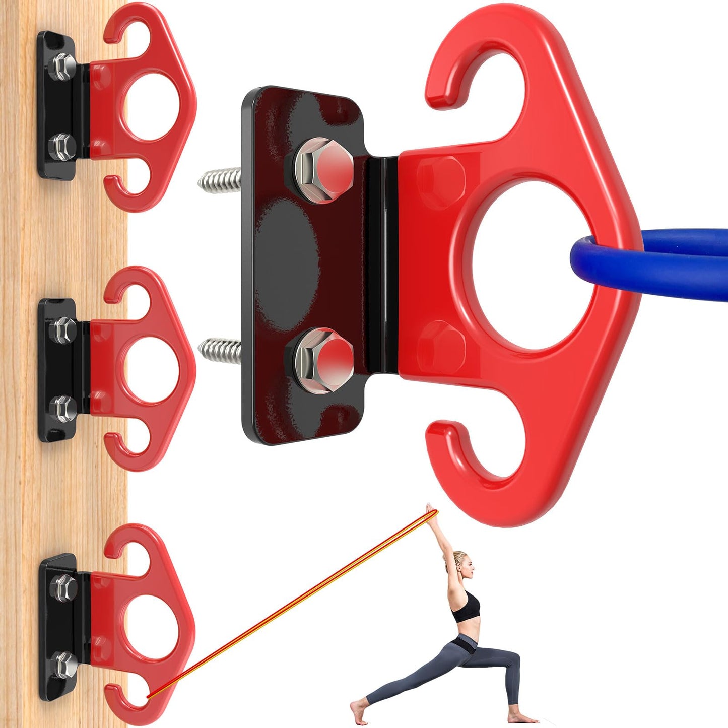 KOMOHOM Resistance Band Wall Anchors, Space-Saving Workout Wall Mount Anchor for Home Gym Workouts, Physical Therapy, and Strength Training,Wall Anchor for Resistance Bands Dark red (3pcs)