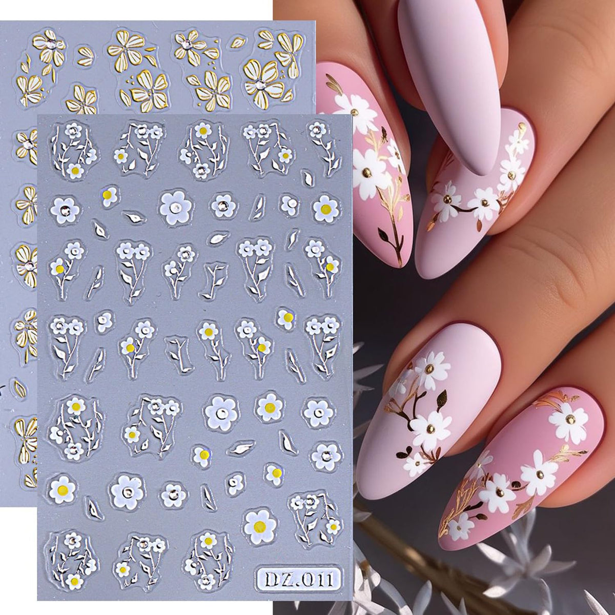 Flower Leaves Nail Stickers ins 2pcs Spring Daisy Gold Leaf Floral Art Design Gold Silver Nail Decals Summer Supplies Nail Adhesive Stickers Floral Sticker for Nails DIY Manicure Decorations