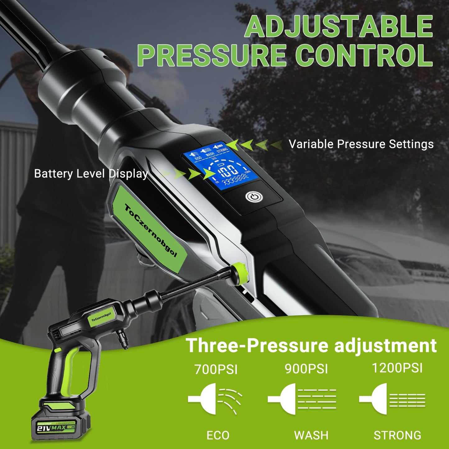 Cordless Portable Pressure Washer, 4.0Ah Battery-Powered Handheld Power Cleaner with 1200 PSI Brushless Motor, 6-in-1 Nozzle & 3-Speed Settings, LCD Display, for Car, Garden, Patio, Fence