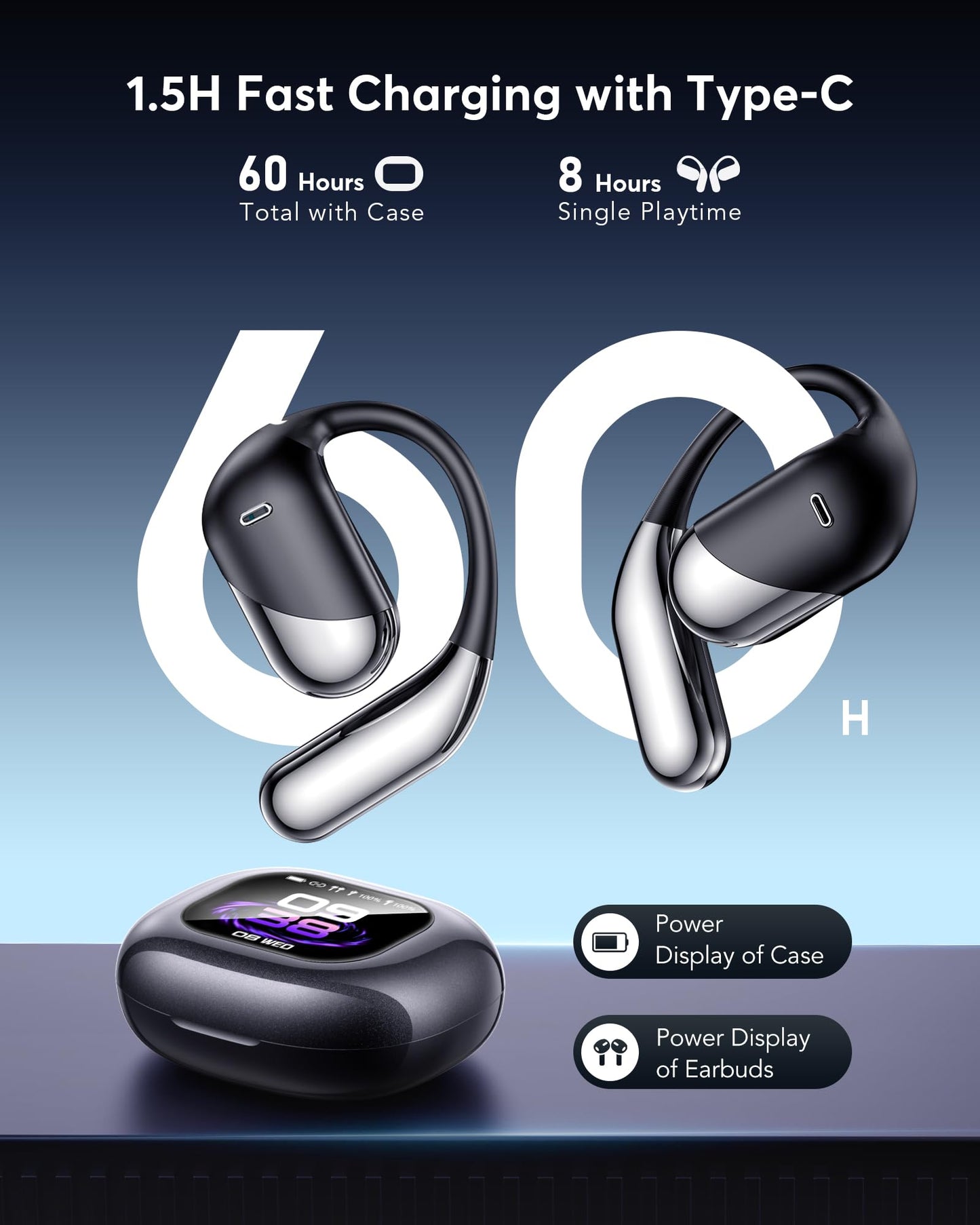 EUQQ AI Translation Earbuds,144-Language Real-Time Translator Earphones: Bluetooth 5.4, OWS Open Ear & LCD Touch. Perfect for Travelers, Business & Language Learners
