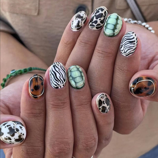 Jremg Animal Stripes Press on Nails Short Almond Fake Nails with Designs Glossy 3D Silver Circle Lines False Nails Zebra, Turtle, Leopard Glue on Nails Reusable Stick on Nails for Women 24Pcs