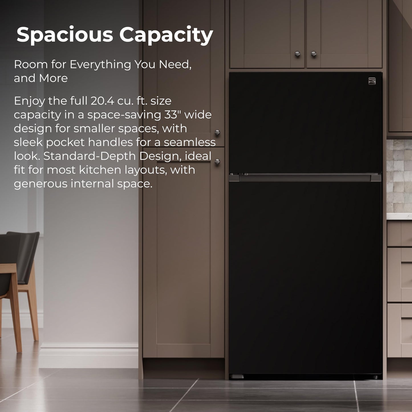 Kenmore 33 in. 20.4 cu. ft Capacity Refrigerator/Freezer with Full-Width Adjustable Glass Shelving, Humidity Control Crispers, Ice Maker, ENERGY STAR Certified, Black
