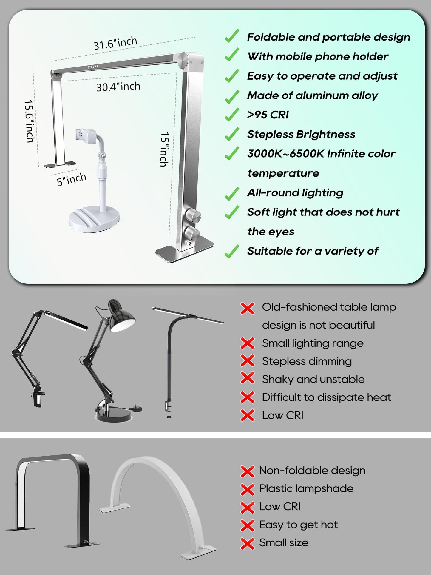 STOLAS Nail Tech Lamp for Desk, 4000K-6000K Dimmable LED Manicure Lamp, Desk Light for Nail Tech-Silver