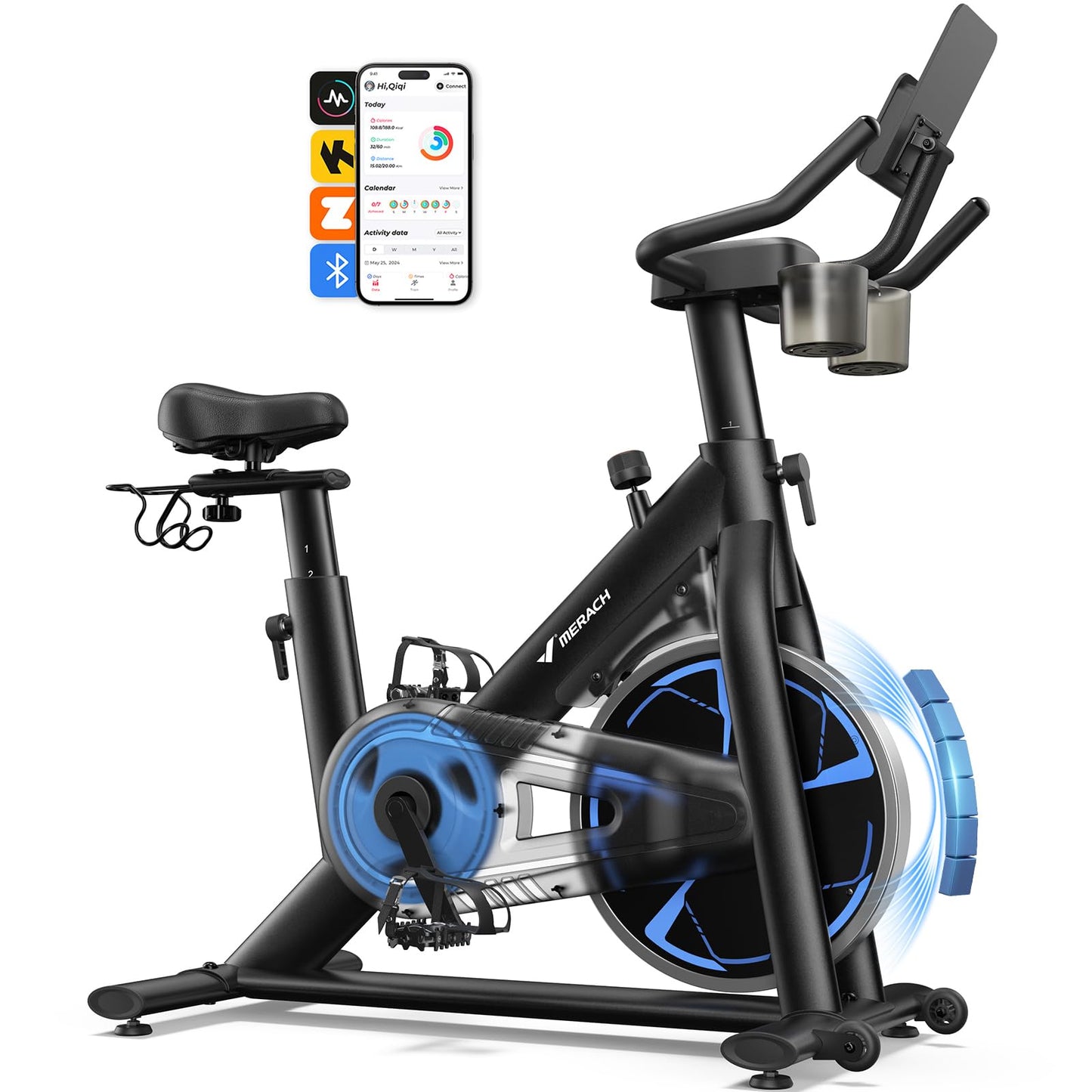 Merach Magnetic Exercise Bike, Low Noise Stationary Bike for Home with Comfortable Seat Cushion, Spin Bike with 330 lb Weight Capacity, Exclusive App, Tablet Mount and Fitness Courses