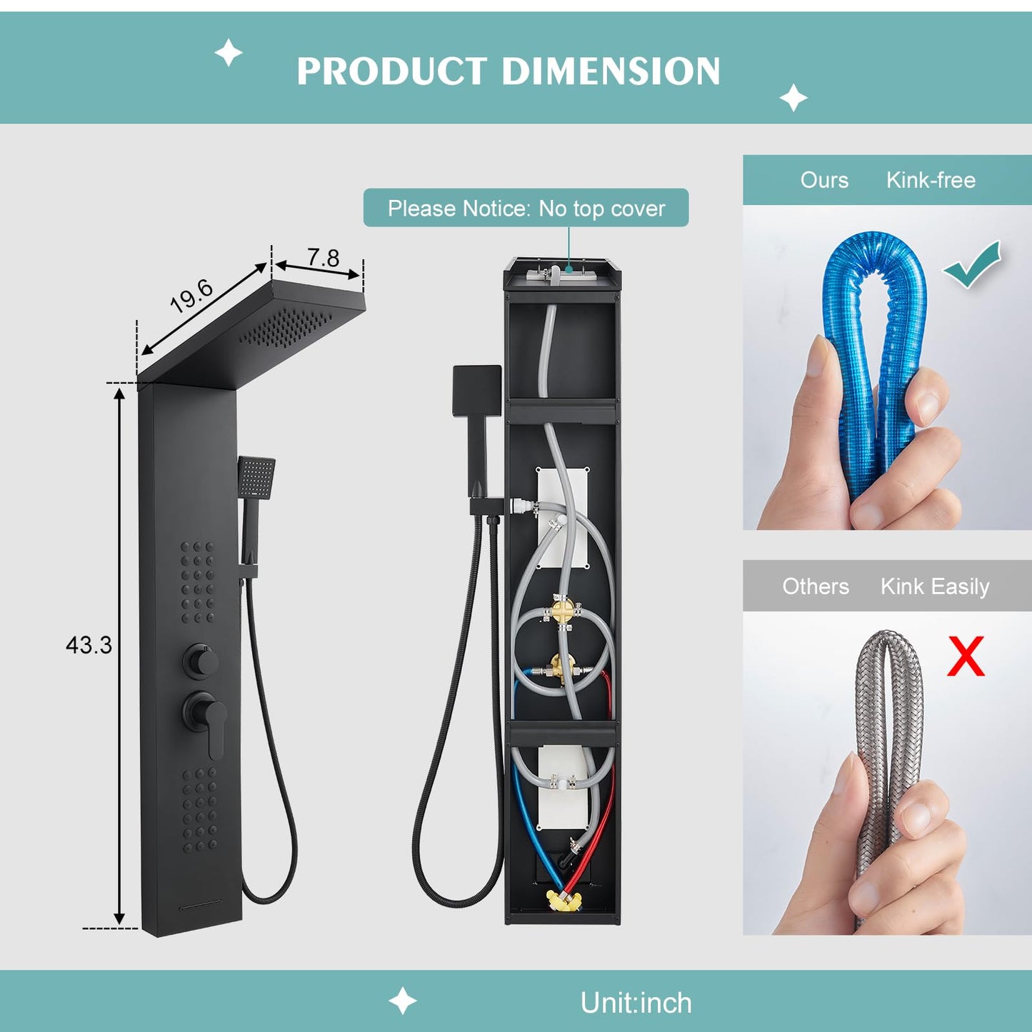KINKIB Shower Panel Tower System with Rainfall Shower Head, Powerful Body Jets, Matte Black Shower Tower with Handheld Shower and Tub Spout, Stainless Steel Shower Column High Pressure