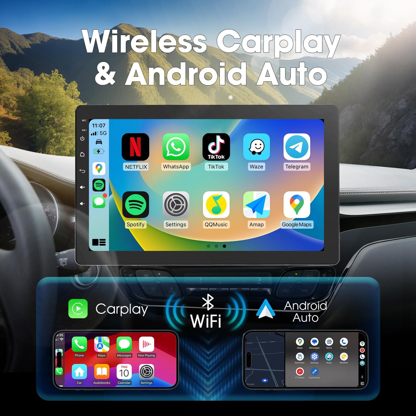 Haudio 10.1 inch Single Din Car Stereo, Rotatable Touch Screen Radio with Wireless Apple CarPlay & Android Auto, Backup Camera, Mirror Link, SWC, GPS, Voice Control, Bluetooth, WiFi