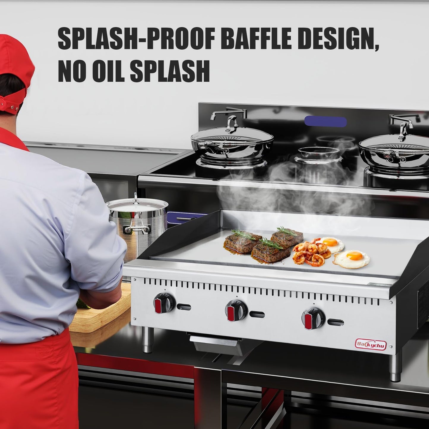 Backychu Commercial Gas Griddle - 36" Countertop Griddle. 90,000 BTU Flat Top Griddle, Natural Gas (NG) / Propane, CSA Certified Stainless Steel Teppanyaki Grill for Restaurants
