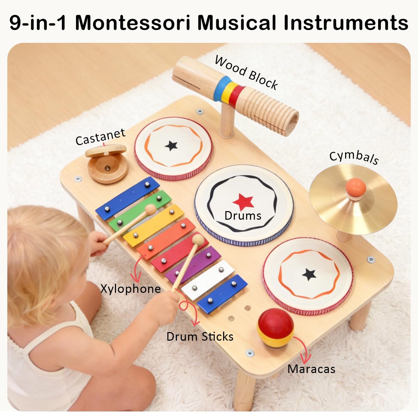 WINYGZ 9-in-1 Baby Drum Set, Low Noise Montessori Musical Instruments for Toddlers 1-3, Safe & Durable Wooden Music Toys for Quiet Sensory Play at Home, Great Birthday for Boys Girls
