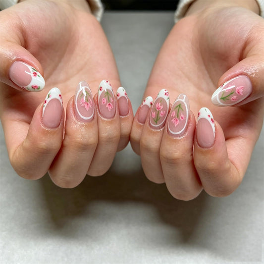 Press On Nails, French Tip Short Pointed Almond Fake Nails with UV Finish, 12 Sizes Quality False Nails, 24Pcs Reusable Press-On Manicure Set with Nail Glue for Women Pattern #01