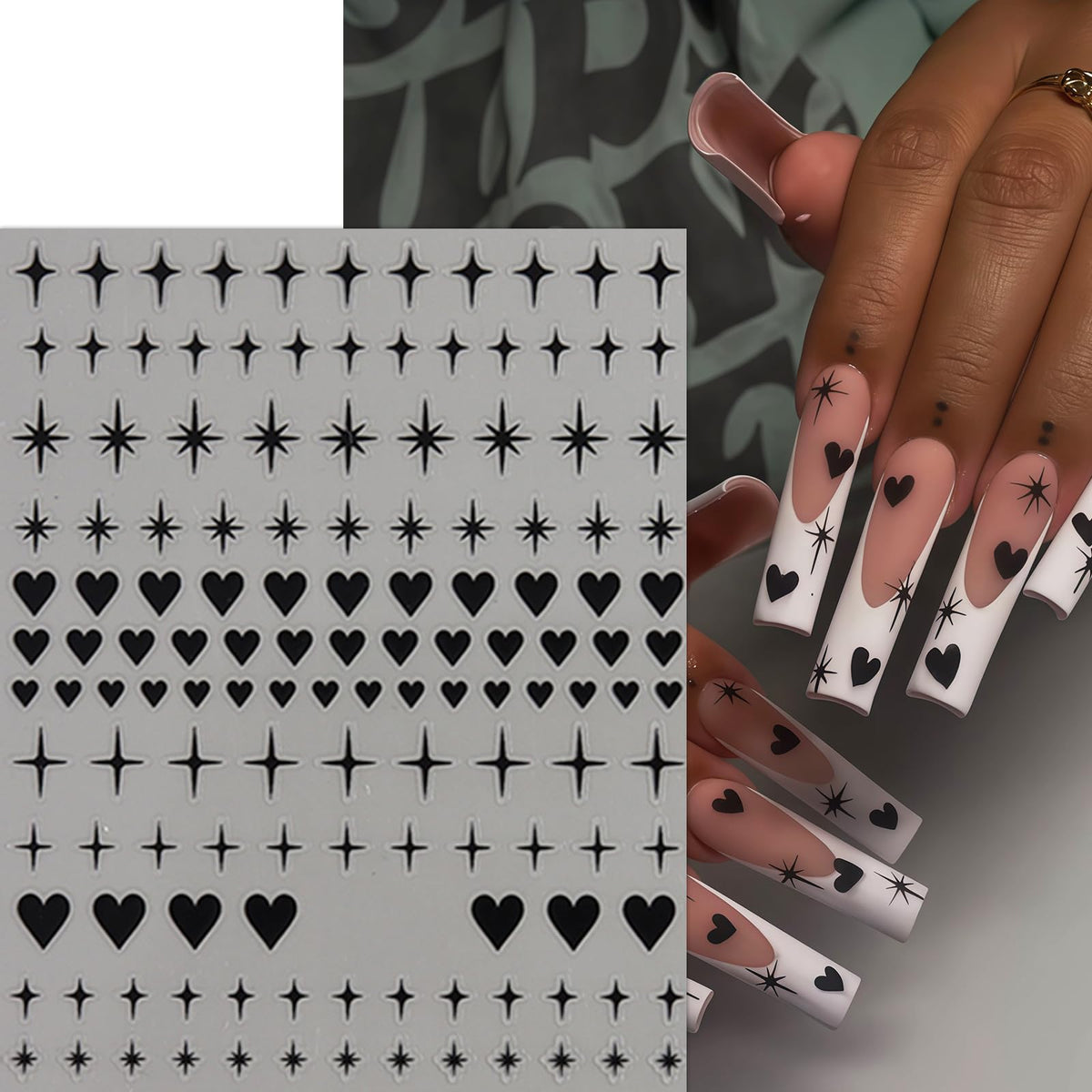 8 Sheets Gold Silver Heart Nail Art Stickers 3D Valentines Nail Decals Gold Silver Black Red Star Peach Heart Design Nail Stickers Cute Heart Nail Supplies for Women Acrylic Manicure Decoration DIY