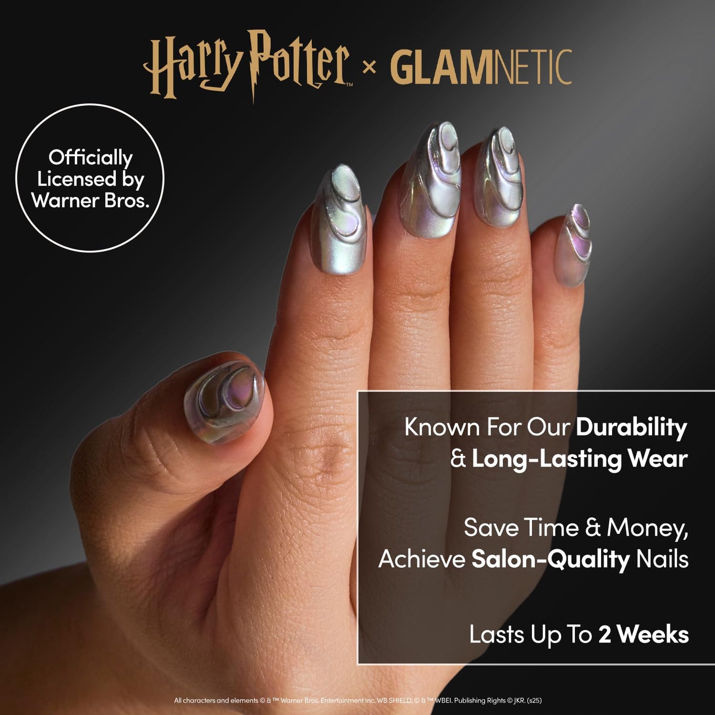 Harry Potter™ x Glamnetic Press-On Nails Bundle - Harry Potter™, Dementor™, Unicorn Blood, Mandrake & Lumos | Short Almond Fake Nails with Black French Tips, Glasses & Hidden Lightning Details | Mediu
