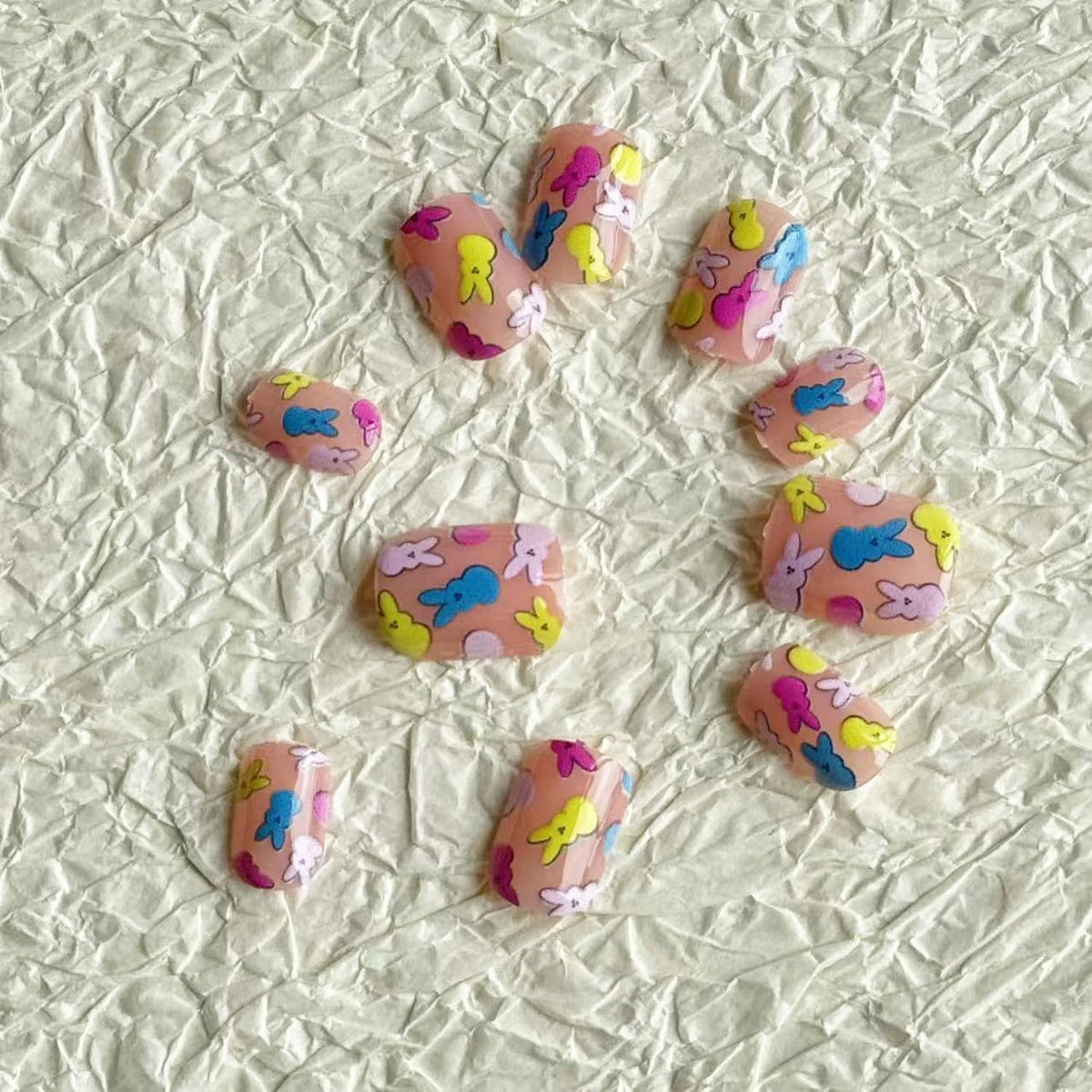 24pcs Easter Press on Nail Short Square Fake Nails Cute False Nails with Funny Bunny designs Colorful Stick on Nail Glossy Nude Pink Press ones Full Cover Reusable Glue on Nails for Women Girls