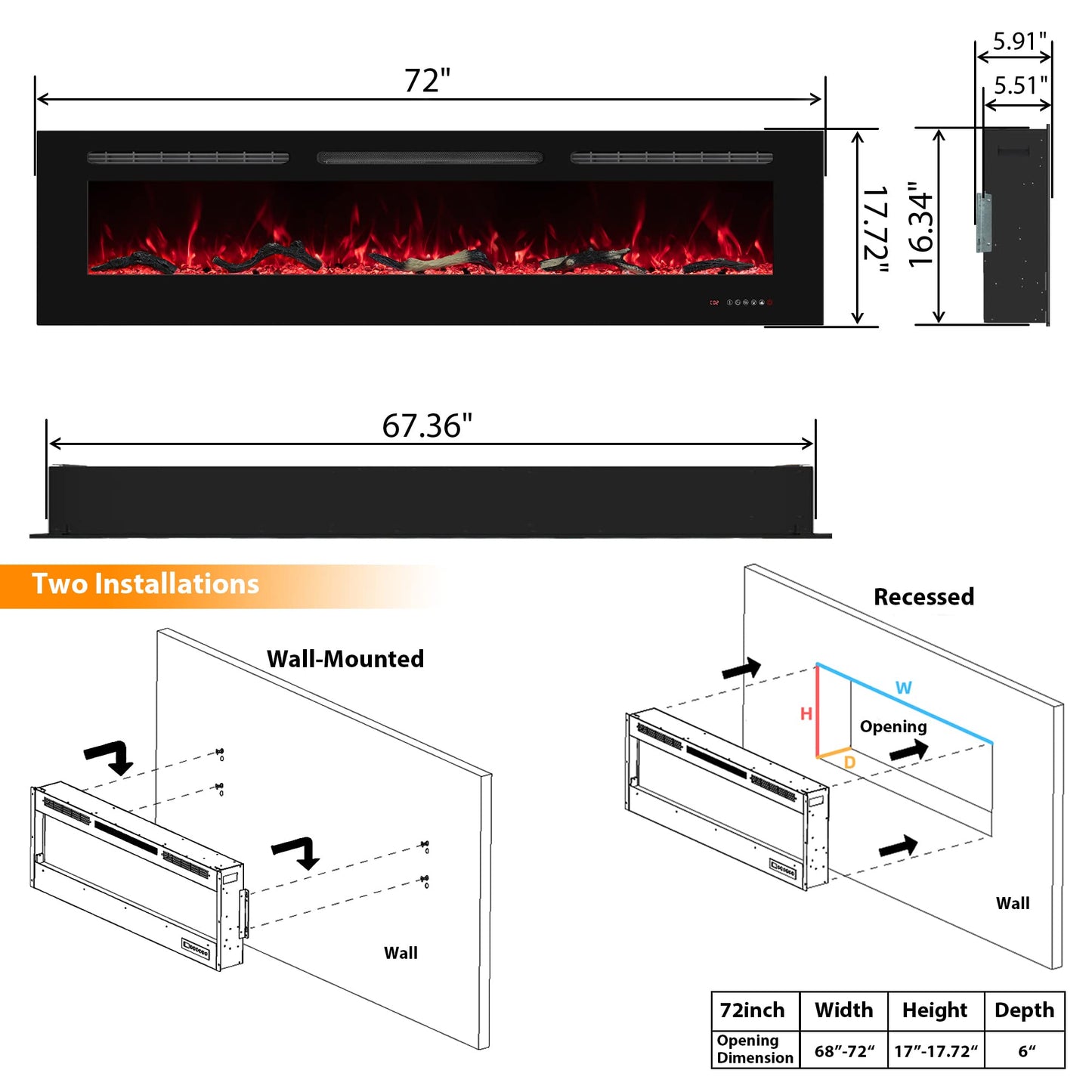 Oxhark Flame 72inch Electric Fireplace in Wall Recessed and Wall Mounted Fireplace Electric, 13 Flame Colors, Realistic Logs & Crystals Fuel Bed, Adjustable Temperature and Timer, 750W/1500W, Black