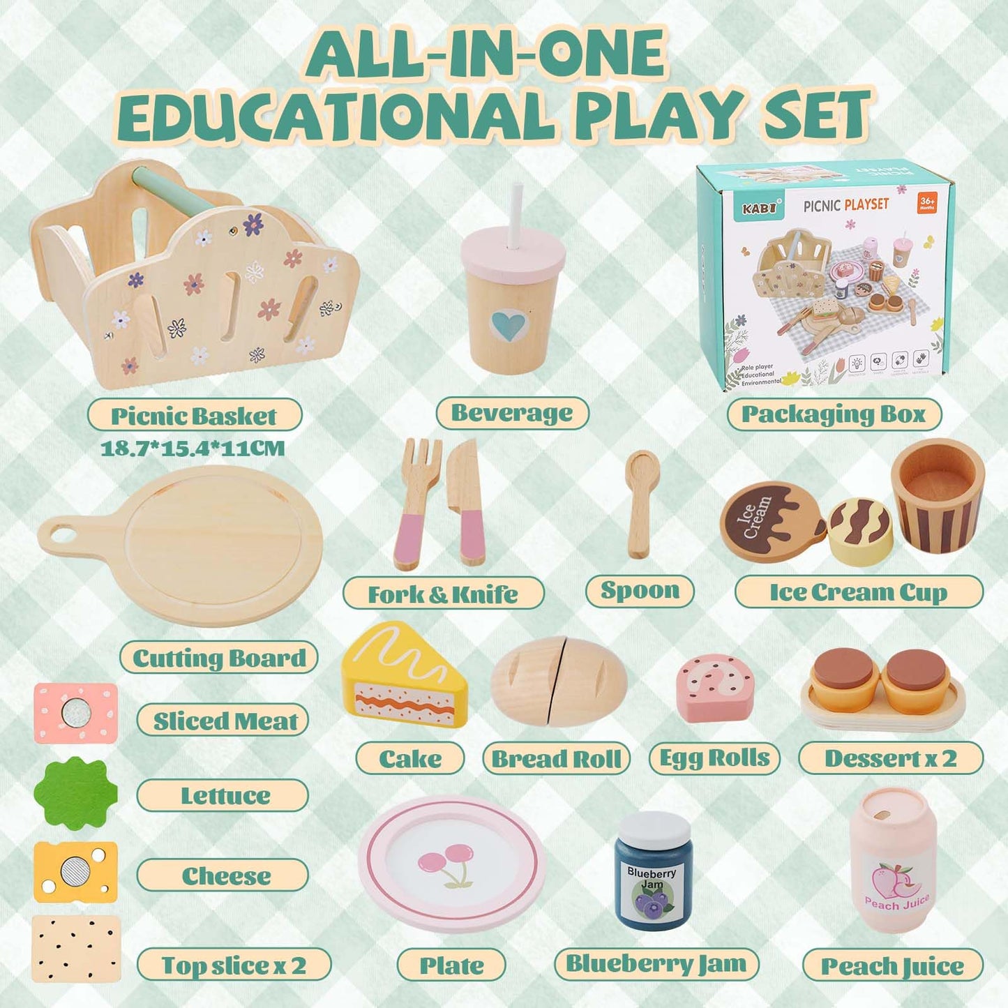 Potatomato Wooden Picnic Playset for Toddlers - 25+ Pcs Play Food Set with Cutting Desserts&Functional Basket - Montessori Pretend Play Kitchen Accessories-Birthday Gift for Girls Boys