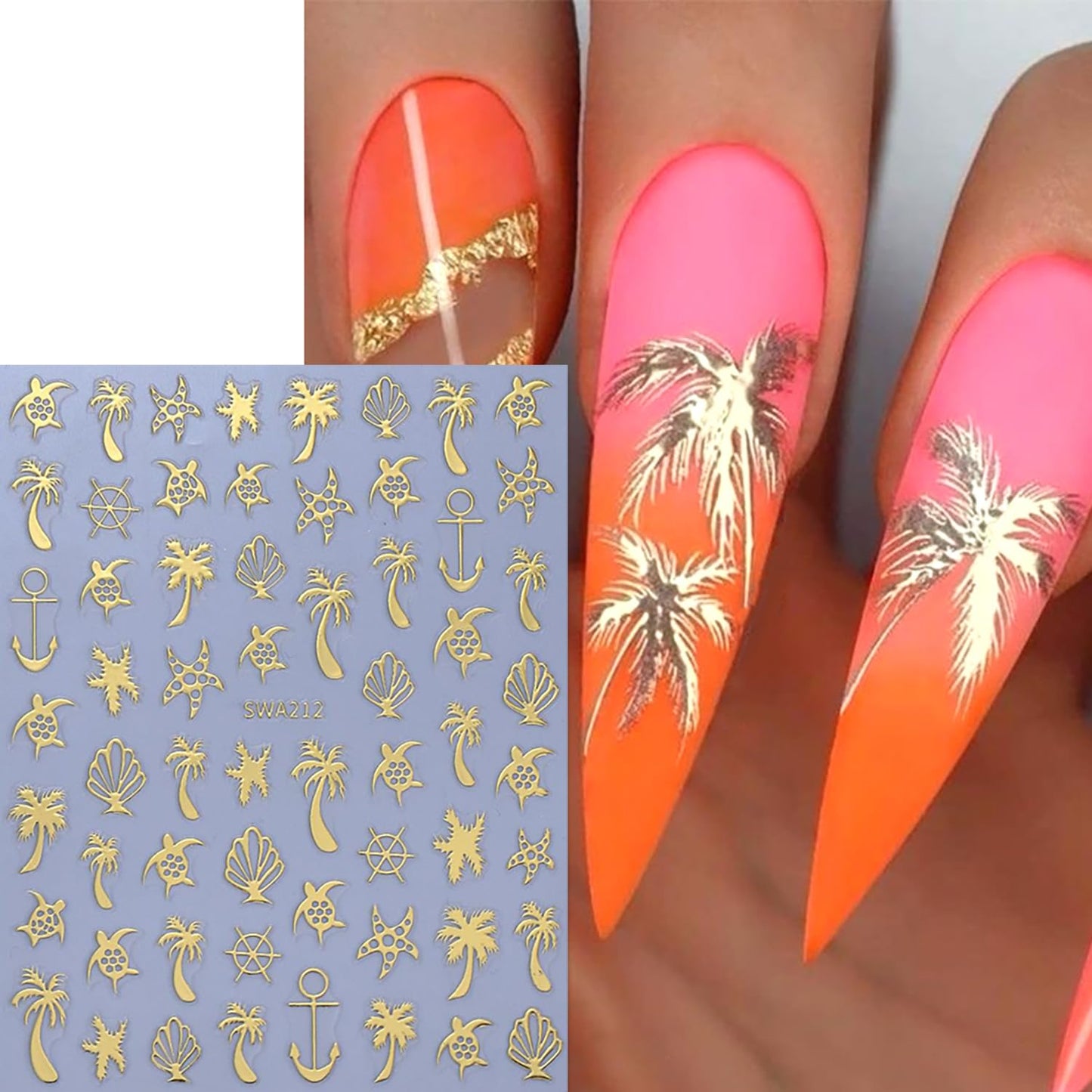 CJDLTS 6 Sheets Gold & Silver Ocean Nail Art Stickers 3D Self -Adhesive Coconut Tree Seashell Nail Decals Holographic Sea Turtles and Starfish Nails Stickers for Women Nails Decoration Supplies