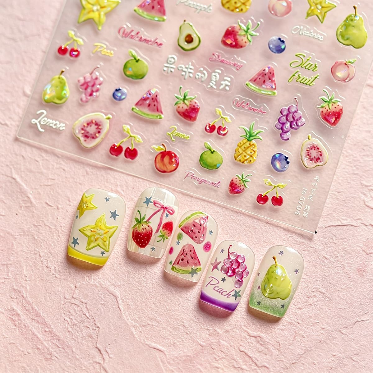 5D Embossed Nail Stickers Fruit Nail Decals with Design Summer Theme Nail Art Stickers Cute Self-Adhesive Nail Stickers for Nail Art for Women Girls DIY Manicure, 1 Sheet