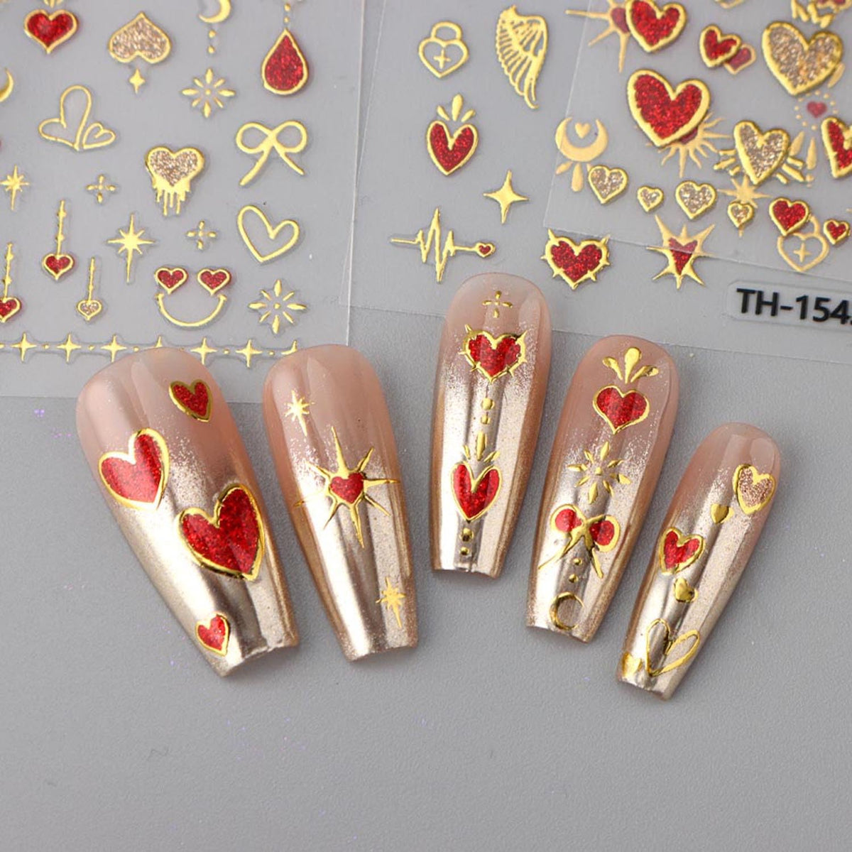 Gold Love Heart Nail Art Stickers Romantic Valentine's Day Red Heart Nail Supplies Love Bow Star Nail Stickers Stars Sun Moon Starlight DIY Transfer Decals Designs Nail Tip French Manicure Decor 3Pcs