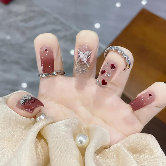 Vezocim Press on Nails Square Medium 24Pcs Glossy Full Cover Coffin Red Fake Nails with Heart Rhinestone Designs Artificial Acrylic False Nails Medium Square Fingernails for Women