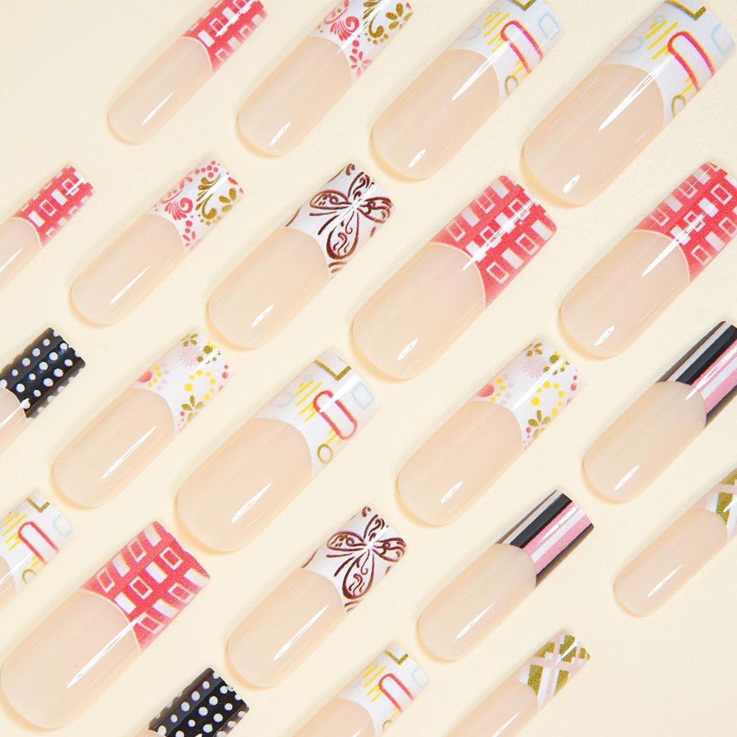 IMRAIN Long Press on Nails Square Fake Nails Artificial Acrylic French False Nails with Butterfly, Flower, Polka Dot Designs Full Cover Stick on Nails for Women 24Pcs