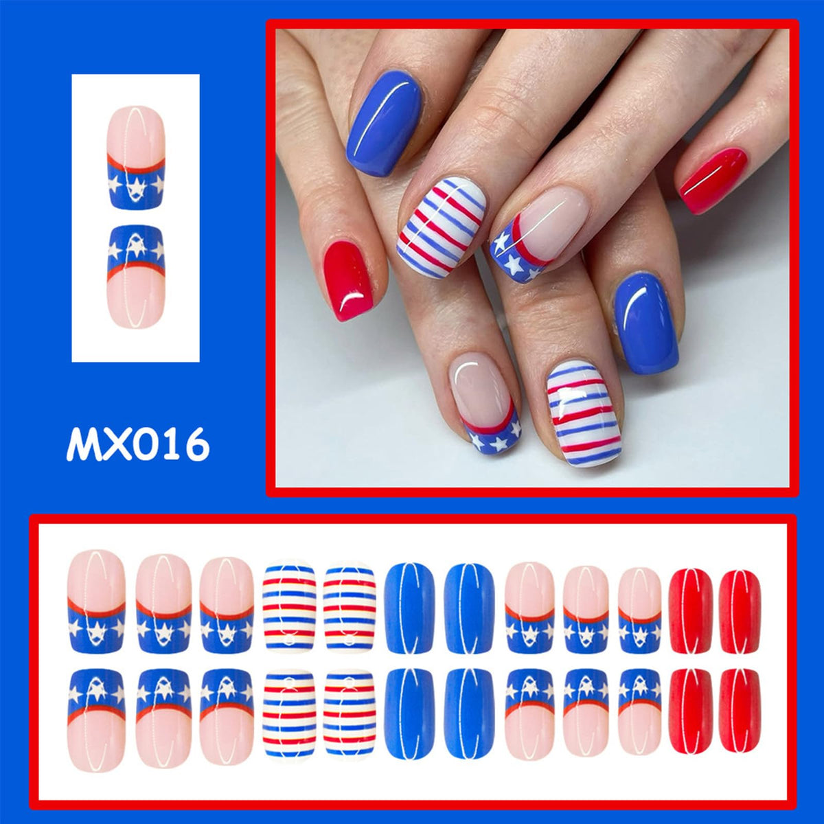4th of July Press on Nails Medium Square Fake Nails Red Blue White Acrylic Nail with Star Stripes Design Independence Day Patriotic Nails Full Cover Stick on Nails for Women French Manicure 24Pcs