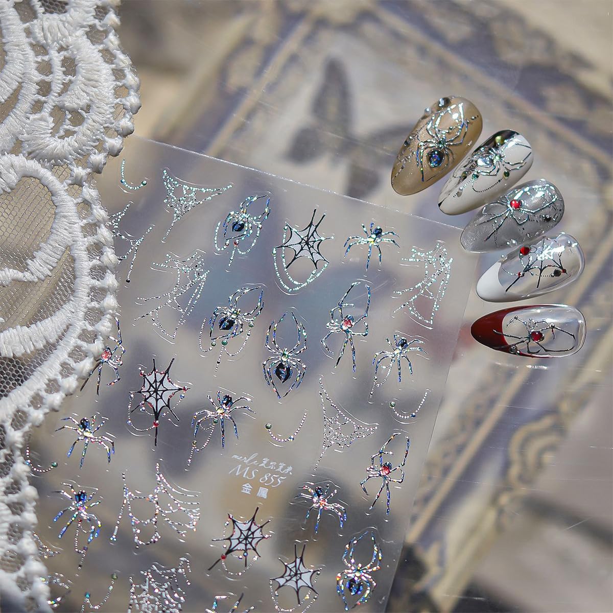 1 Sheets Halloween Nail Stickers for Nail Art Metal Spider Nail Art Stickers Silver Spiders Web with Rhinestones Design Horror Gothic Nail Decals Manicure Decoration for Women Acrylic Nail Supplies