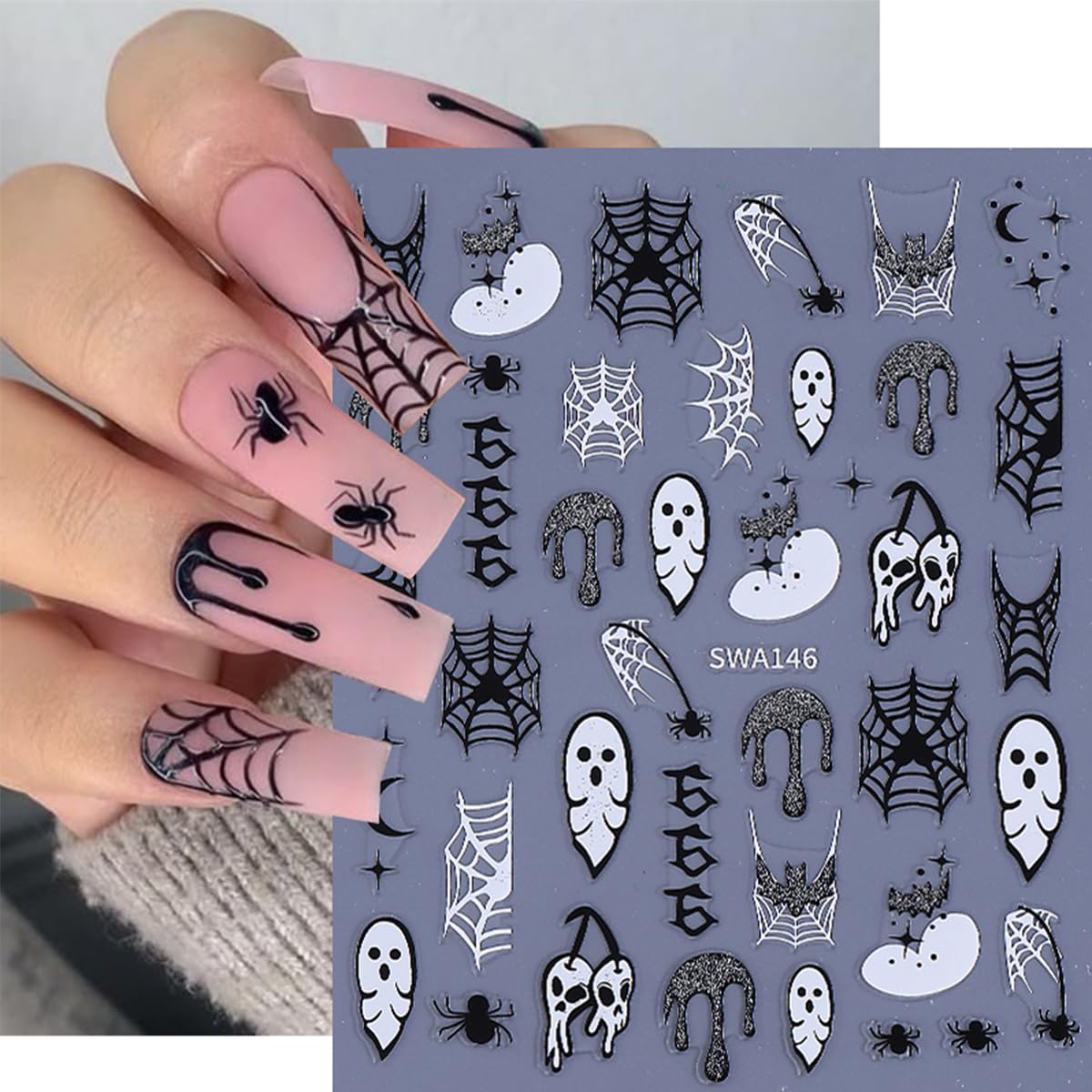 8 Sheets Halloween Nail Stickers Decals Gold Gloss Bat Nail Art Stickers Goth Nail Design Stickers Self-Adhesive Spider Web Spider Skeleton Nails Accessories for Women Nails Art Decorations Supplies