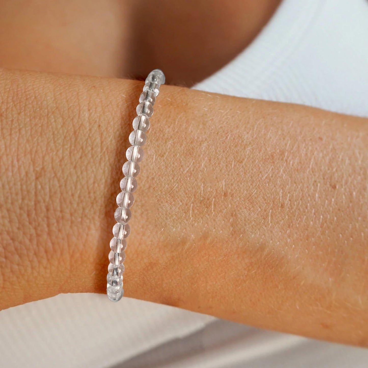 Bolinailo Crystal Beaded Bracelets for Women 4mm Clear Quartz Bead Handmade Gemstone Stretch Elastic Bracelet Natural Stone Crystal Healing Reiki Spiritual Jewelry Gifts
