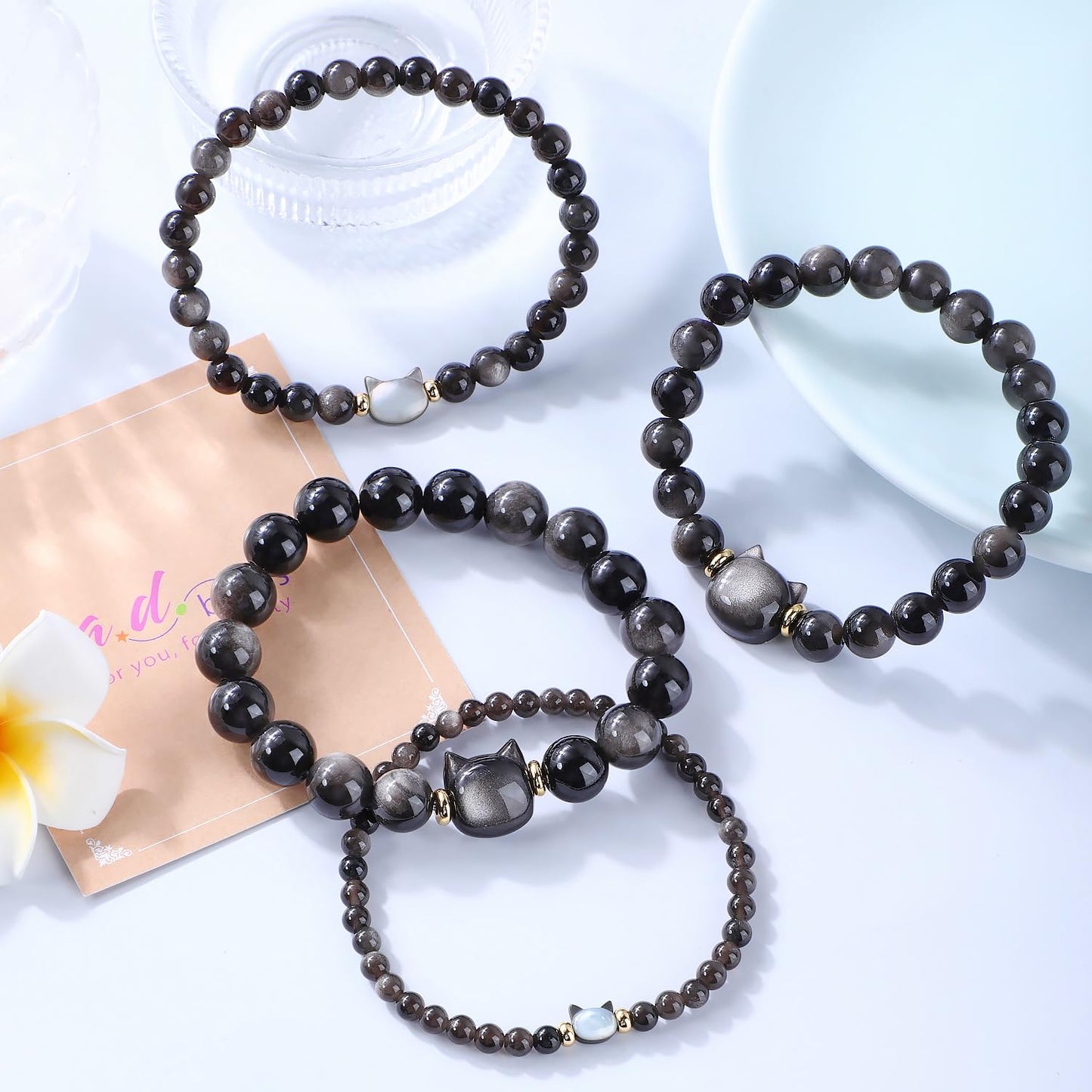 AD Beads 8mm Handmade Obsidian Cat Bracelet Elastic Bracelet – Natural Gemstone for Money Attraction – Meditation, Yoga, Healing and Energy Gift for Men Women