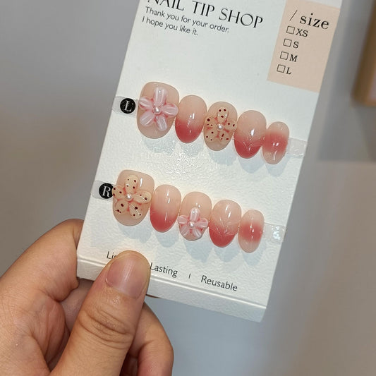 TENPAL Handmade Press On Nails Short Oval 10Pcs with Tools Kit, Coral Blush Gradient Pink Glue on Nails with Hand-Sculpted Flowers, Reusable Glossy Summer Beach Vacation Fake Nails for Teens Girls(L)
