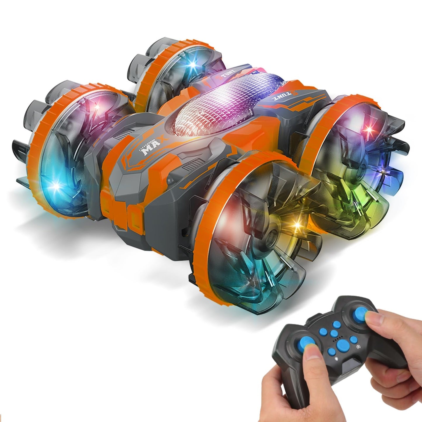 MOMONOVA Amphibious Remote Control Stunt Car with Colorful LED Wheels for Kids 4-7 8-12, 4WD Double-Sided RC Stunt Car, 2.4GHz Remote, 360° Flip, Waterproof Vehicle Toy for Boys Girls Birthday Gift